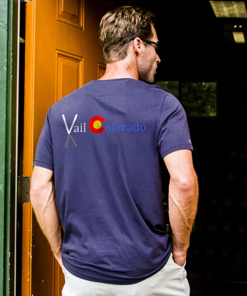 Colorado Flag Crossed Skis - Indigo Short Sleeve Pima T-Shirt - Image 2