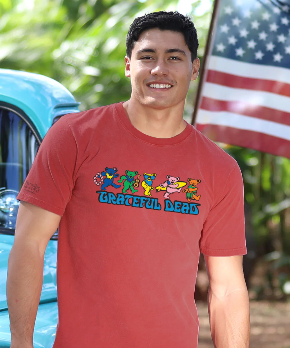 Grateful Dead Hula Bears - Paradise Red Dyed Short Sleeve Crewneck T-Shirt - Image 3