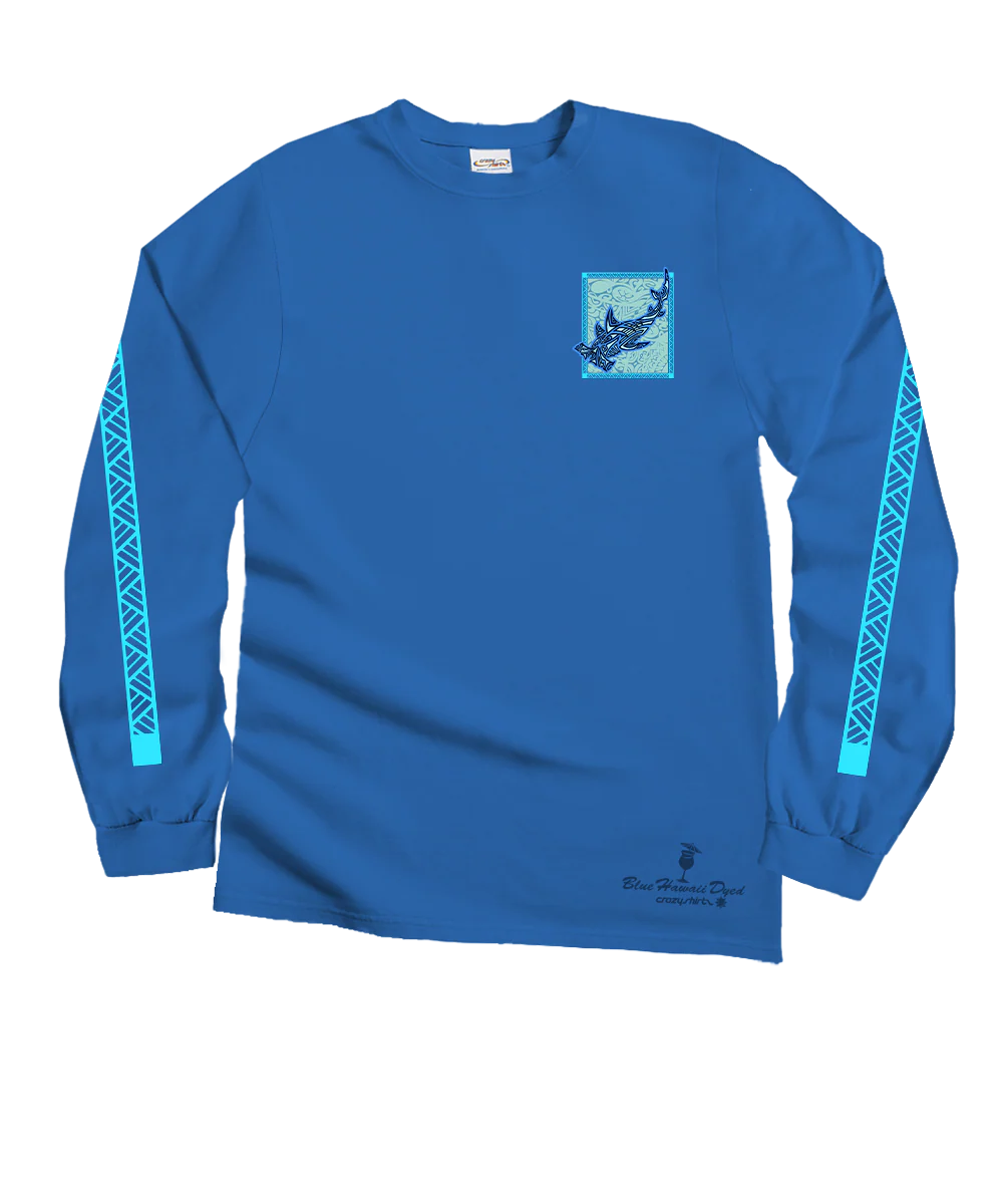 Hammerhead Tribal - Blue Hawaii Dyed Long Sleeve Crewneck T-Shirt - Image 4
