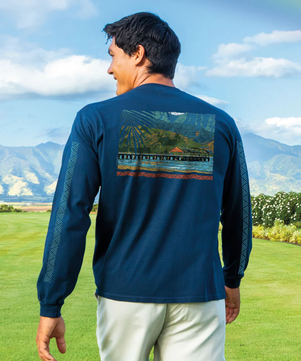 Hanalei Pier - Navy Long Sleeve Crewneck T-Shirt - Image 2