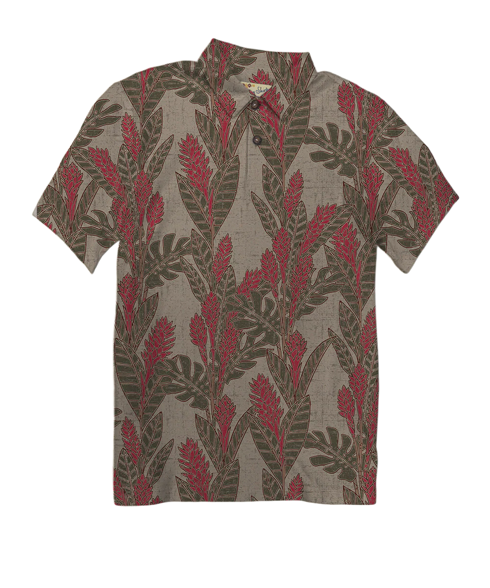 Hawaiian Ginger - Olive/Red Short Sleeve Hawaiian Polo Shirt