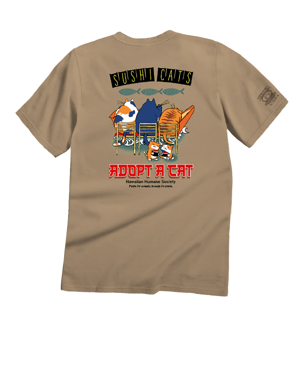 Hawaiian Humane Society Sushi Cats - Kona Coffee Dyed Short Sleeve Crewneck T-Shirt - Image 4