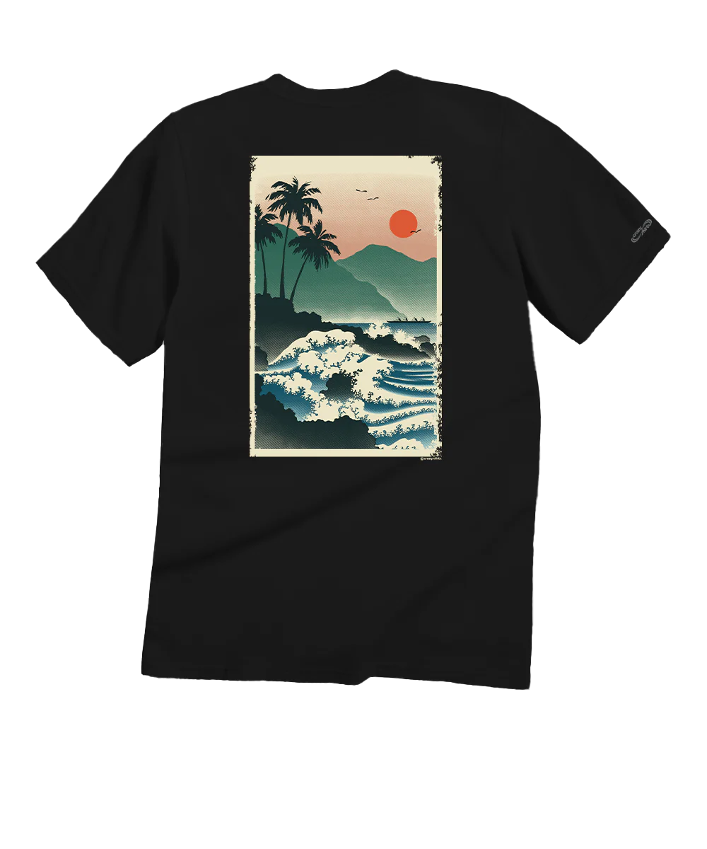 Hawaiian Ukiyo Scenic - Black Short Sleeve Crewneck T-Shirt