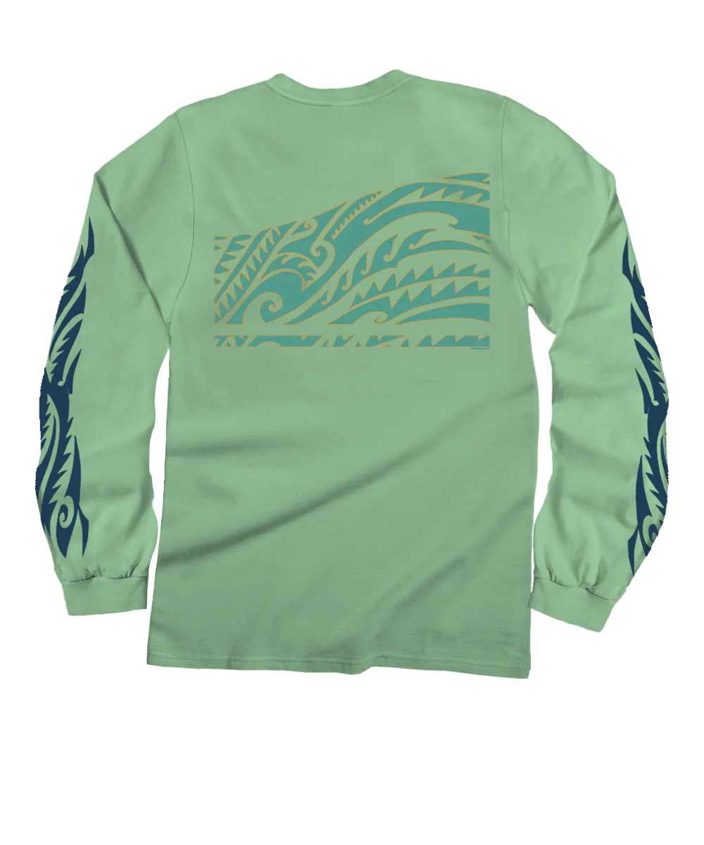 Honu Tribal Mauka - Key Lime Dyed Long Sleeve Crewneck T-Shirt - Image 4
