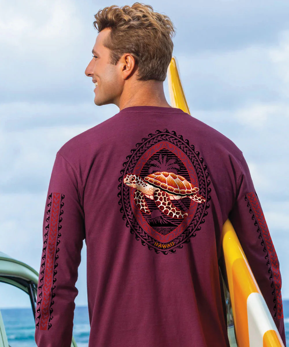 Honu Tribal Woodcut - Wine Dyed Long Sleeve Crewneck T-Shirt - Image 2