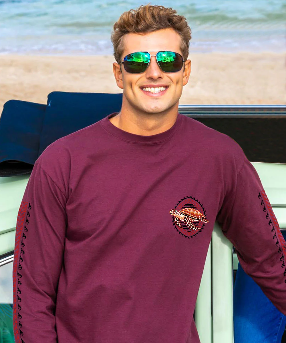 Honu Tribal Woodcut - Wine Dyed Long Sleeve Crewneck T-Shirt - Image 3