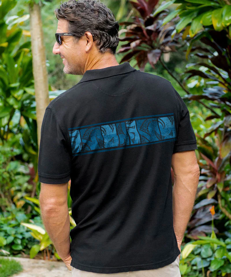 Honu Waa Band - Black Short Sleeve Oceanfront Polo Shirt - Image 3