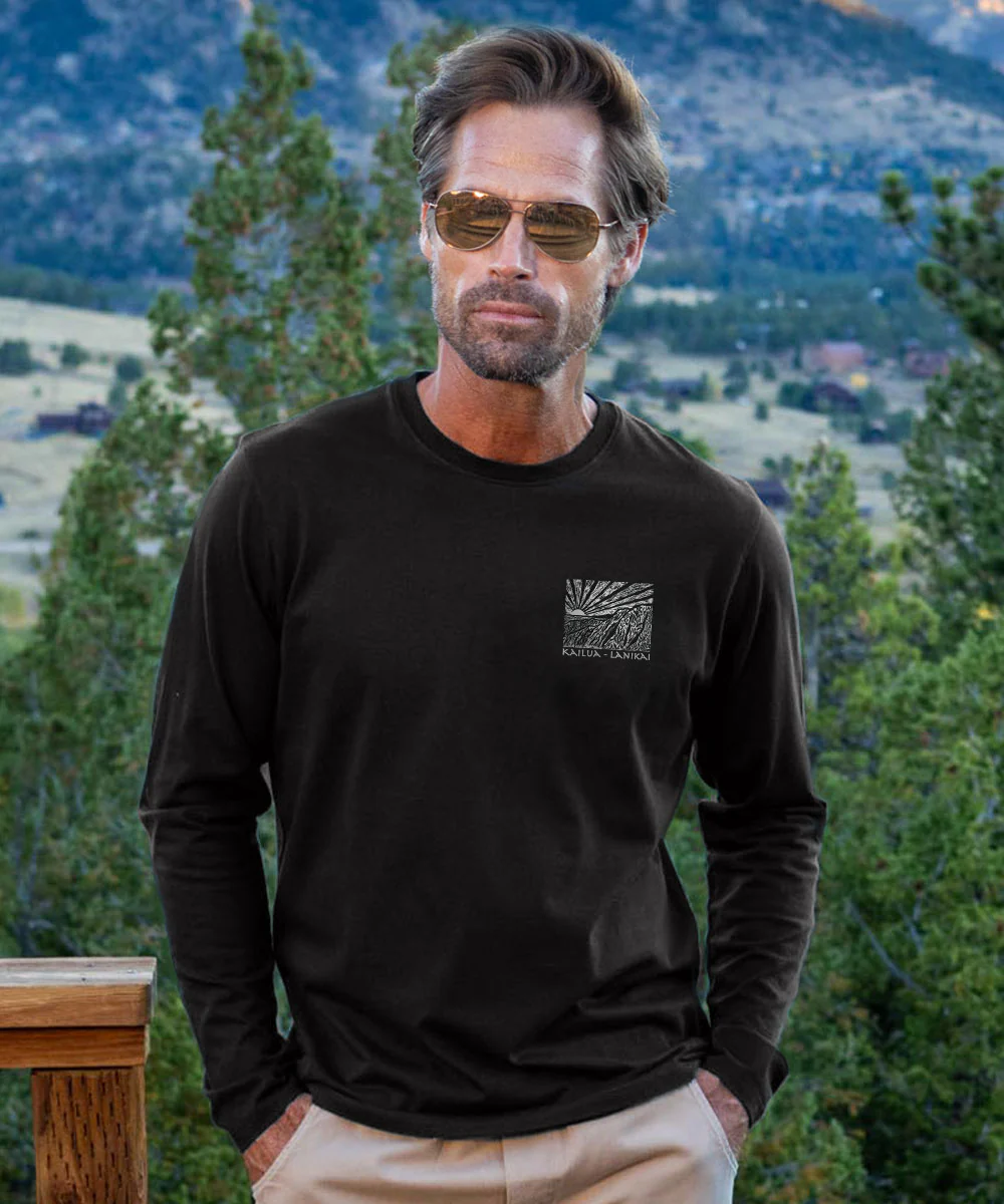 Kailua Lanikai Woodcut - Jet Black Long Sleeve Pima T-Shirt - Image 3