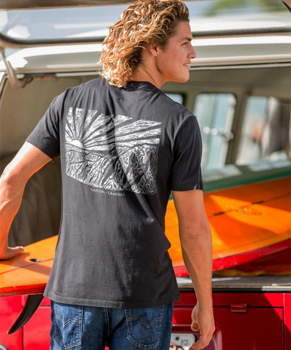 Kailua Lanikai Woodcut - Jet Black Short Sleeve Pima T-Shirt - Image 2