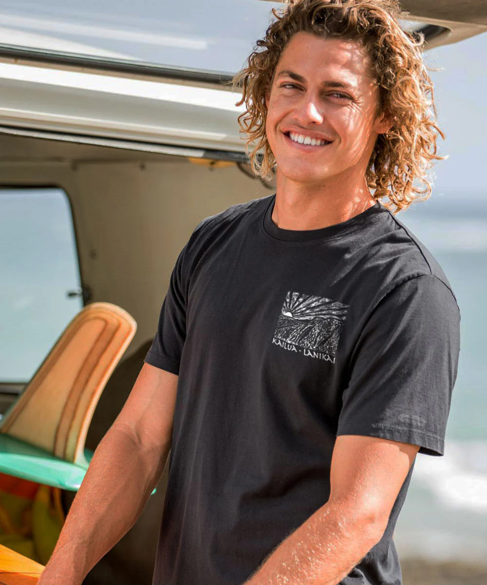 Kailua Lanikai Woodcut - Jet Black Short Sleeve Pima T-Shirt - Image 3