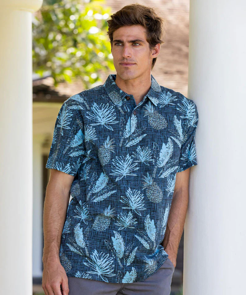 Kanikapila - Gray/Blue Short Sleeve Hawaiian Polo Shirt - Image 2