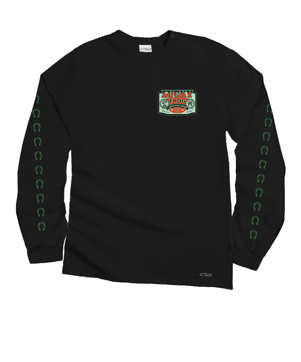 Lucky Frog Good Luck Sign - Black Long Sleeve Crewneck T-Shirt - Image 4
