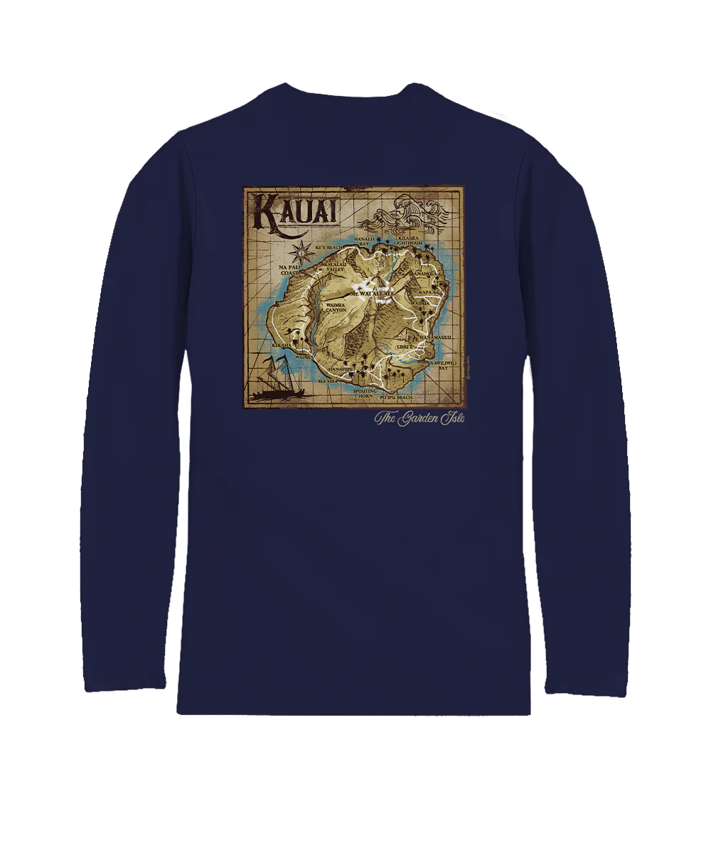 Old Kauai Map - Indigo Long Sleeve Pima T-Shirt