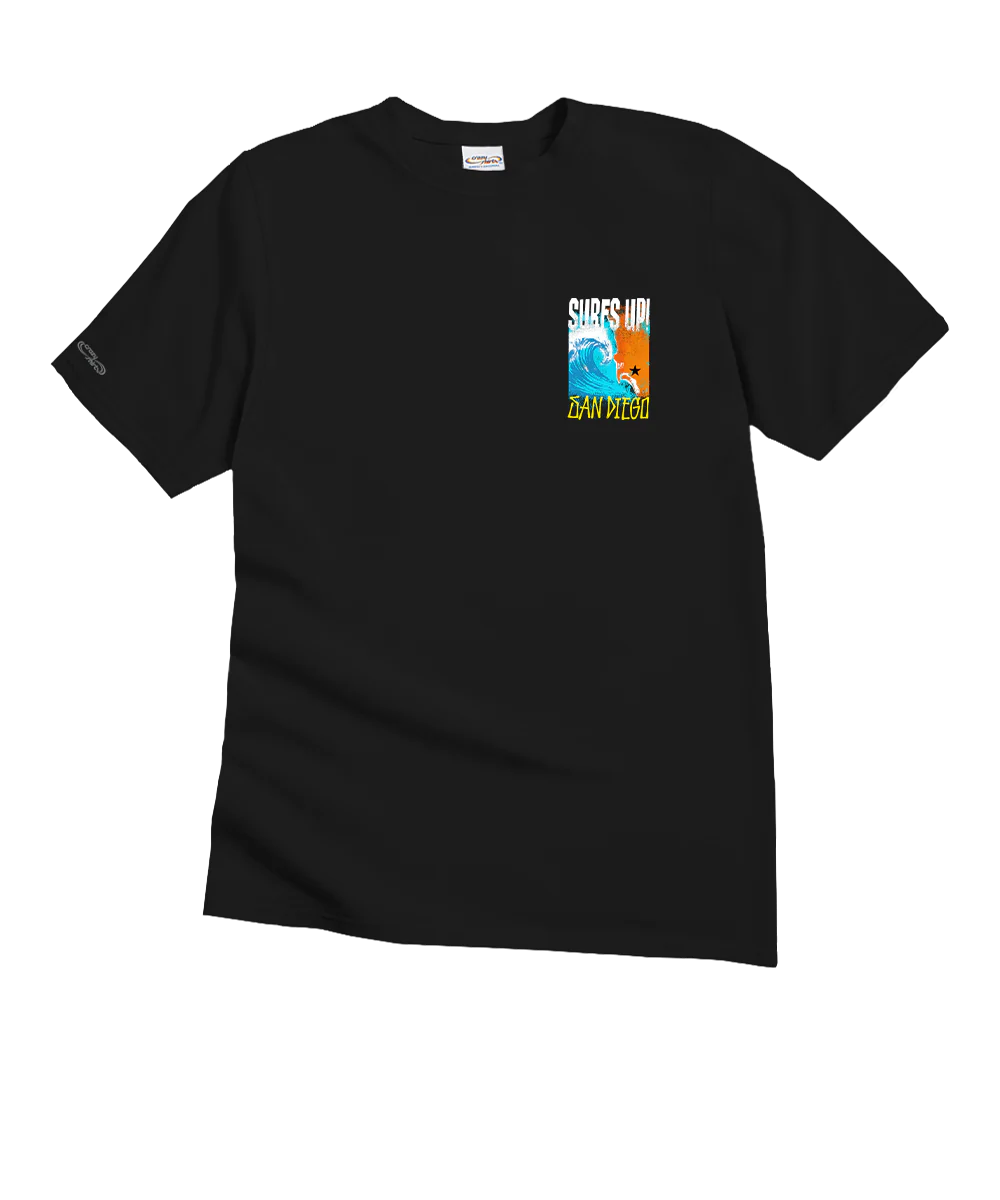 Surfs Up San Diego - Black Short Sleeve Crewneck T-Shirt - Image 4
