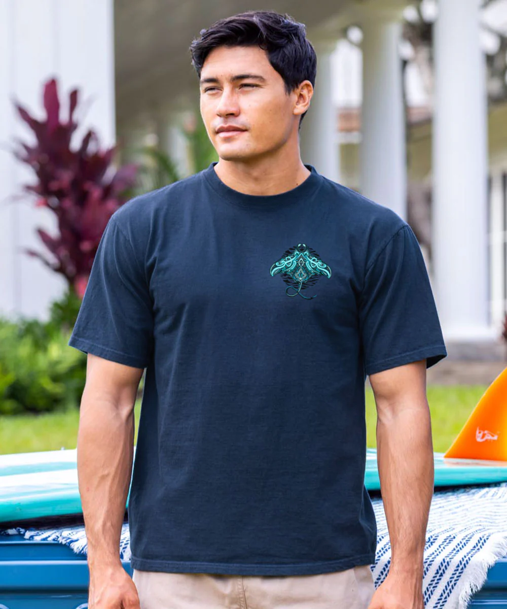 Tribal Blue Manta - Navy Short Sleeve Crewneck T-Shirt - Image 3