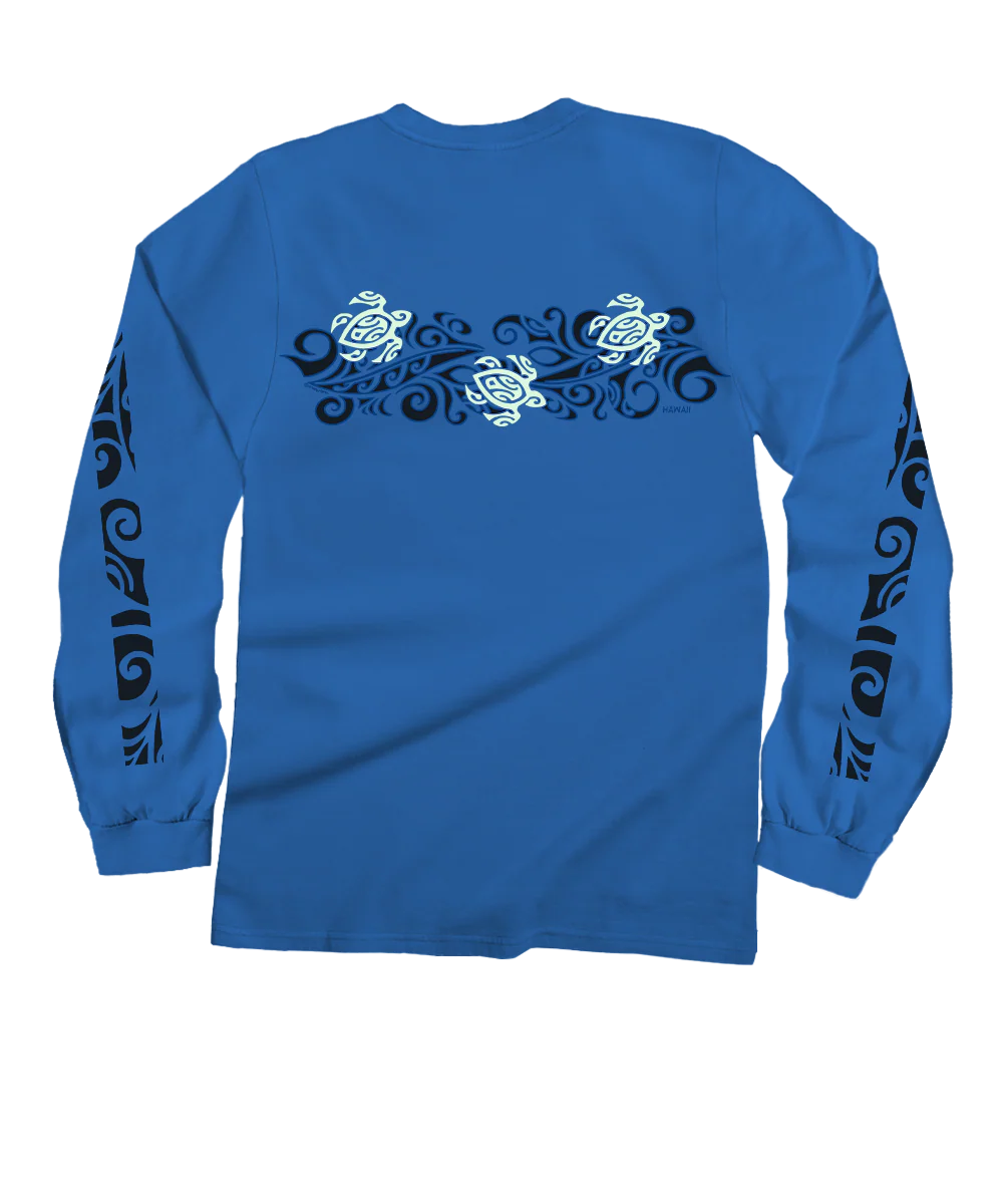 Tribal Honu Band - Blue Hawaii Dyed Long Sleeve Crewneck T-Shirt - Image 4