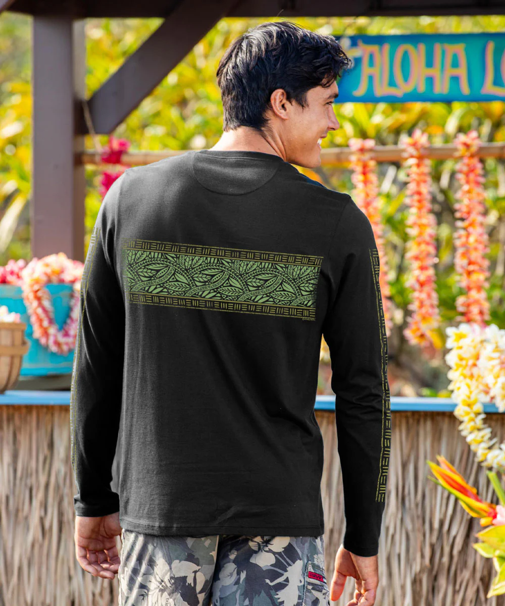 Tribal Leaves Band - Jet Black Long Sleeve Pima T-Shirt - Image 3