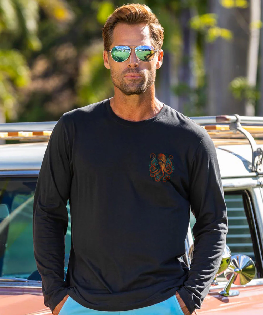 Tribal Octopus - Jet Black Long Sleeve Pima T-Shirt - Image 3