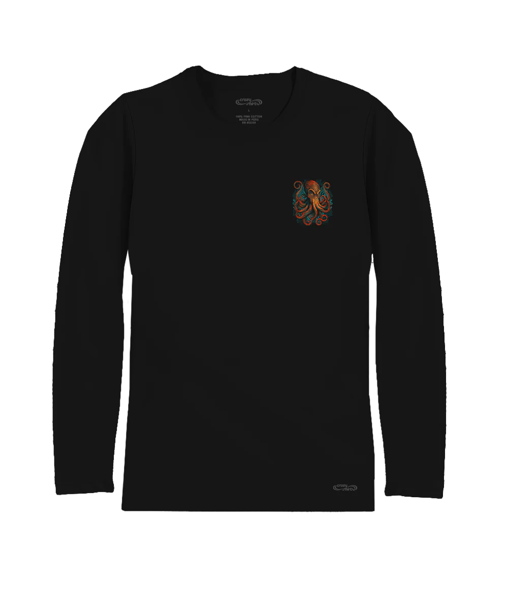 Tribal Octopus - Jet Black Long Sleeve Pima T-Shirt - Image 4