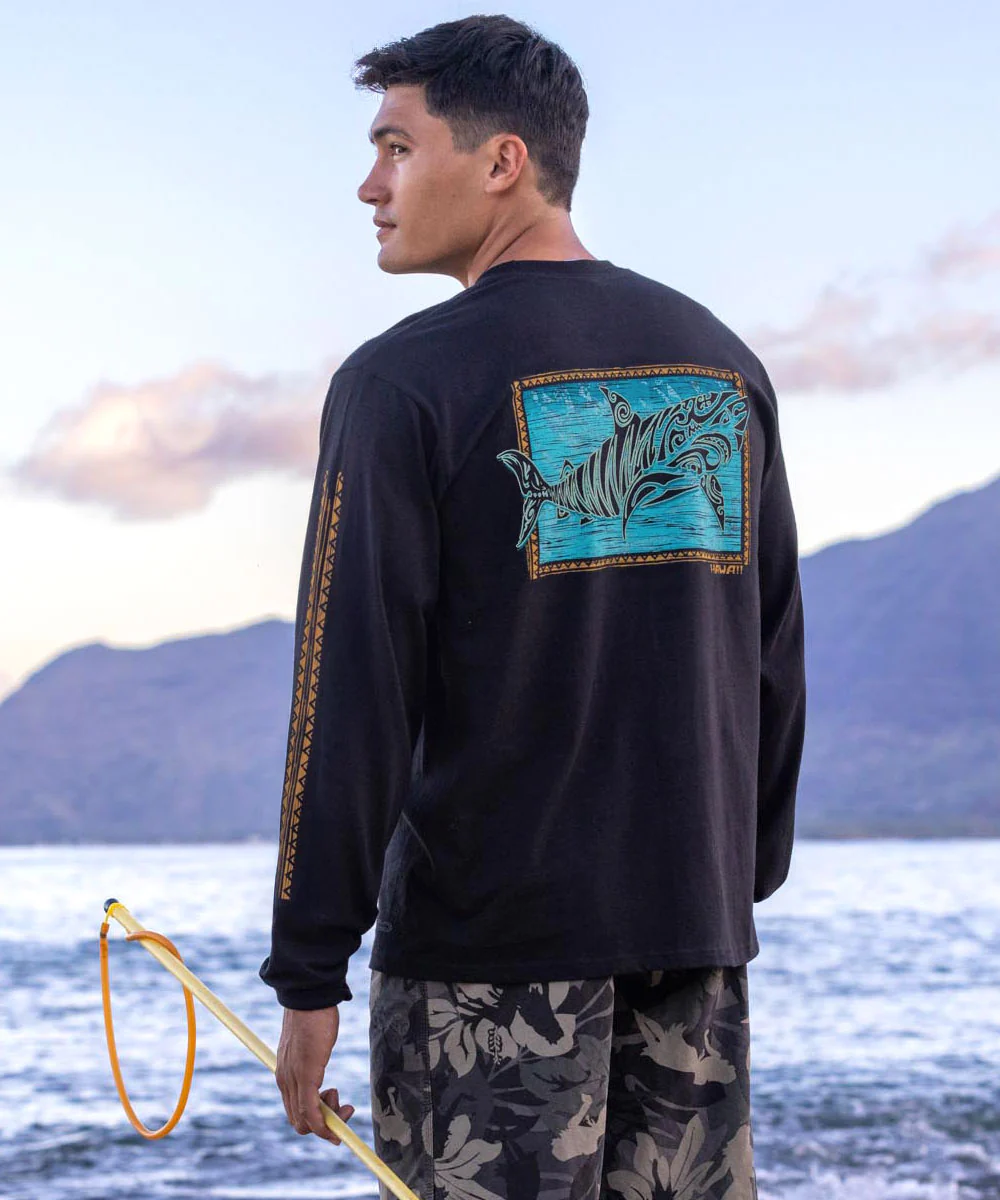 Tribal Tiger Shark - Black Long Sleeve Crewneck T-Shirt - Image 2