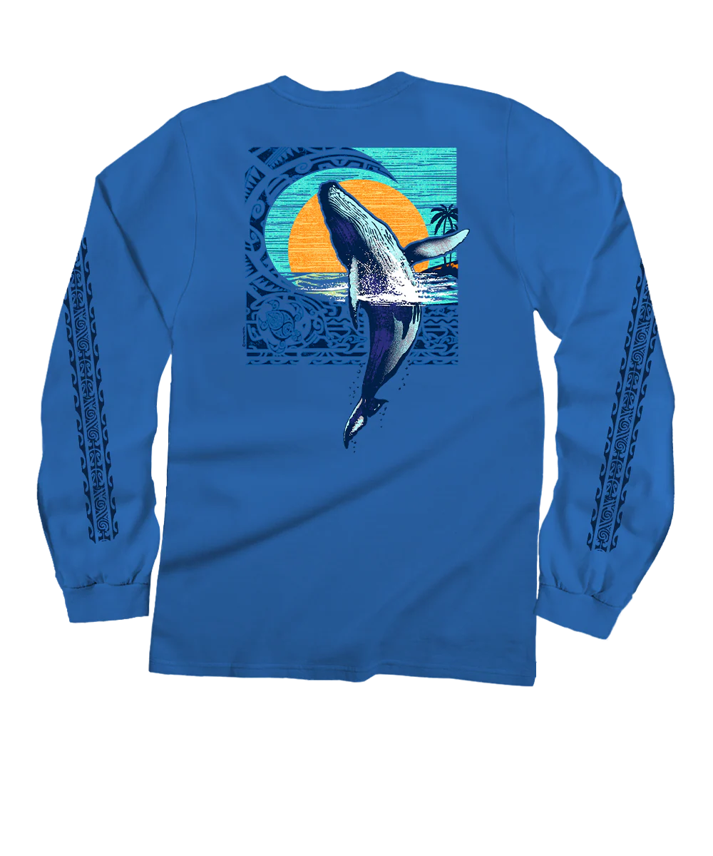 Tribal Whale Breach - Blue Hawaii Dyed Long Sleeve Crewneck T-Shirt