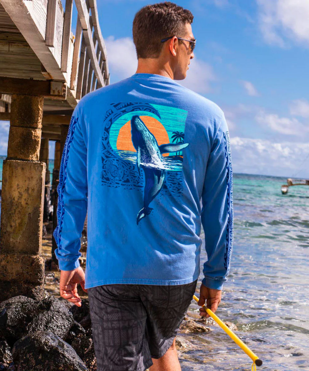 Tribal Whale Breach - Blue Hawaii Dyed Long Sleeve Crewneck T-Shirt - Image 2