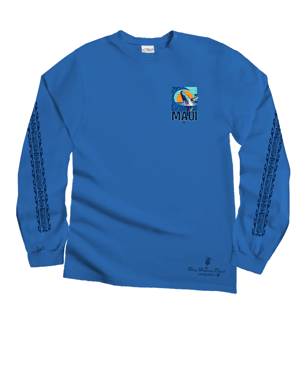 Tribal Whale Breach - Blue Hawaii Dyed Long Sleeve Crewneck T-Shirt - Image 4