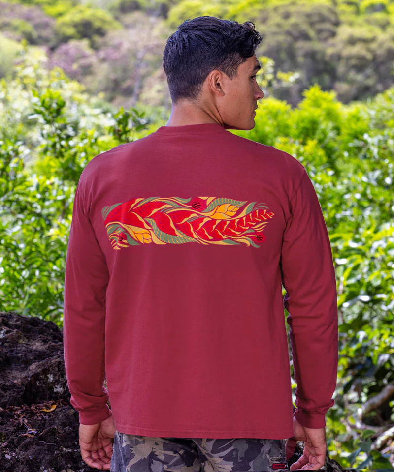 Tropical Florals Band - Paradise Red Dyed Long Sleeve Crewneck T-Shirt - Image 3