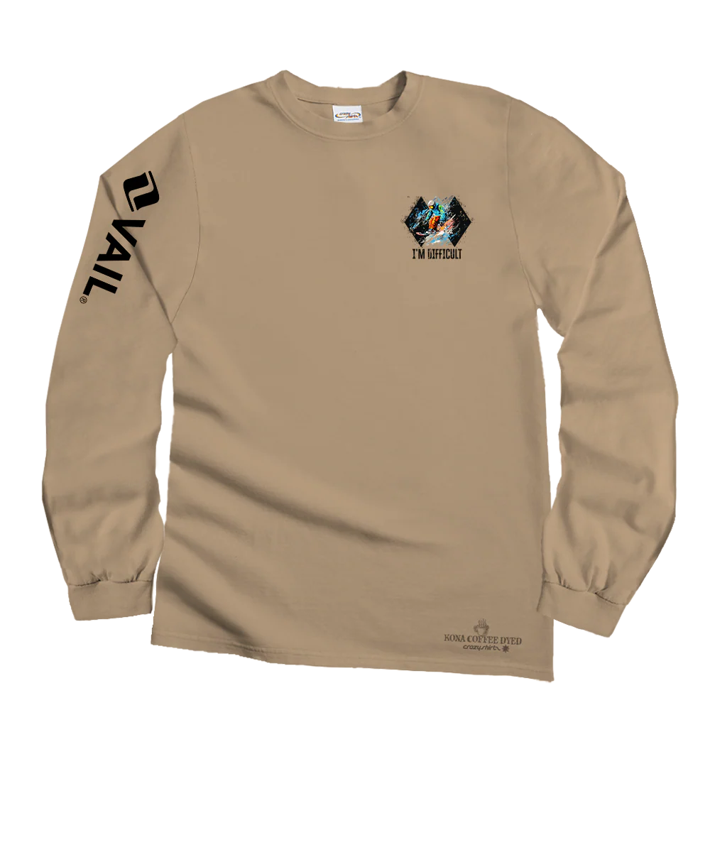 Vail Resort I'm Difficult - Kona Coffee Dyed Long Sleeve Crewneck T-Shirt - Image 4
