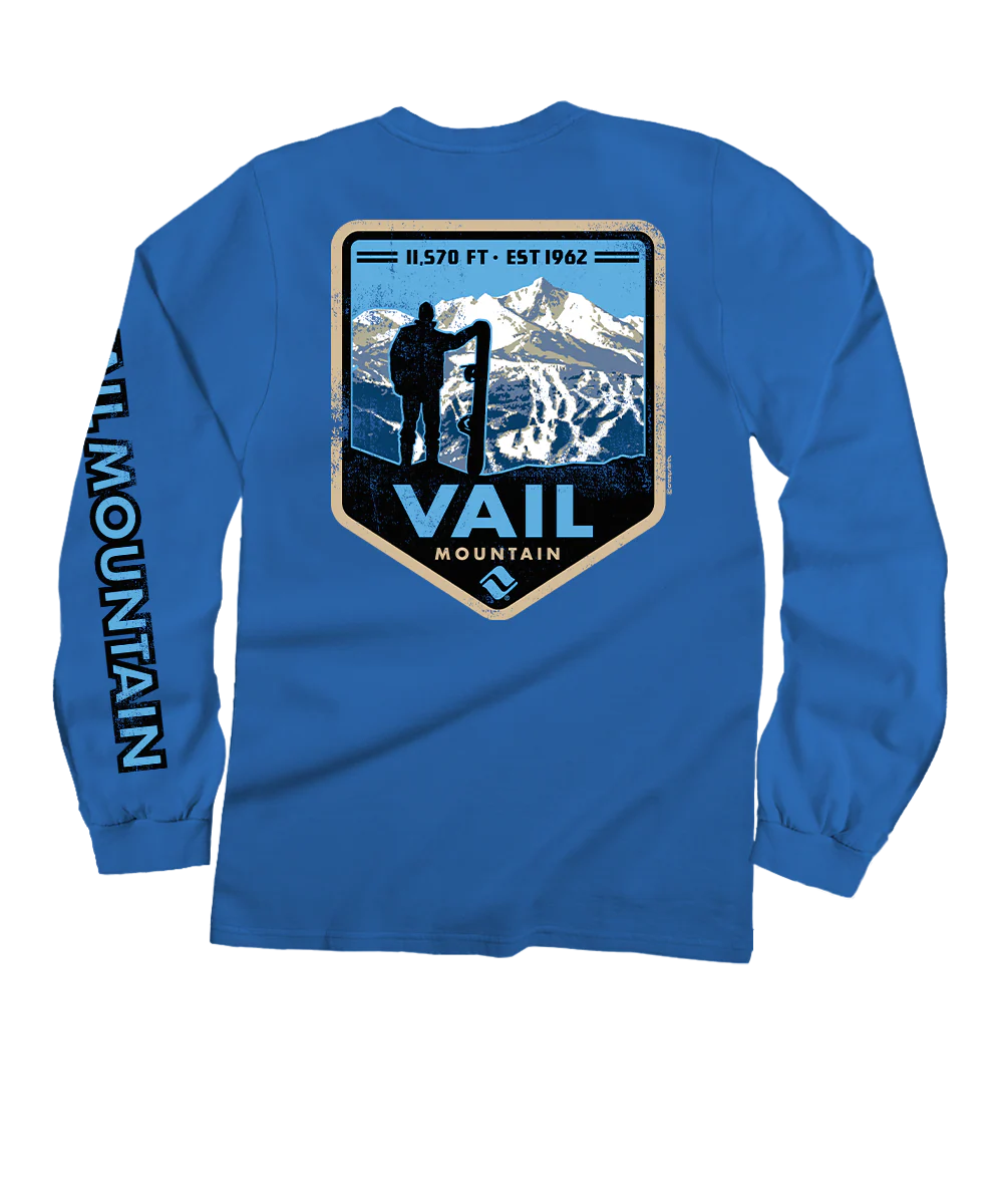 Vail Resort Vail Mountain Badge - Blue Hawaii Dyed Long Sleeve Crewneck T-Shirt