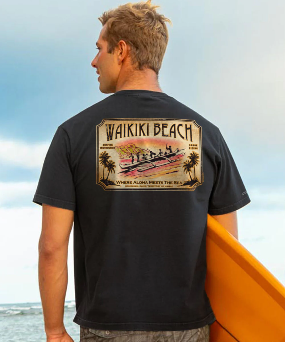 Vintage Waikiki Beach Black Classic Crewneck T-Shirt - Image 2
