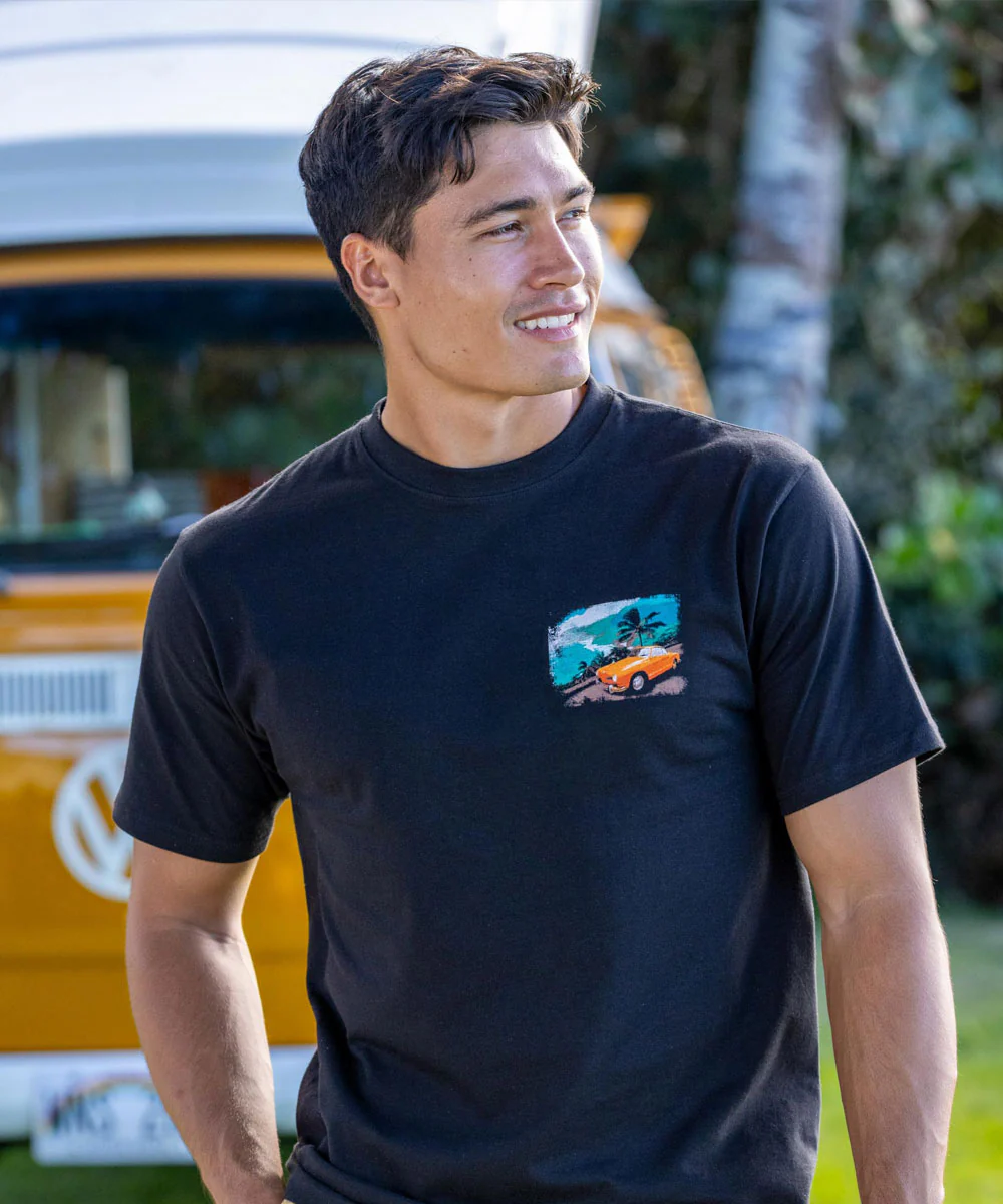 Volkswagen Ghia By The Ocean - Black Short Sleeve Crewneck T-Shirt - Image 3