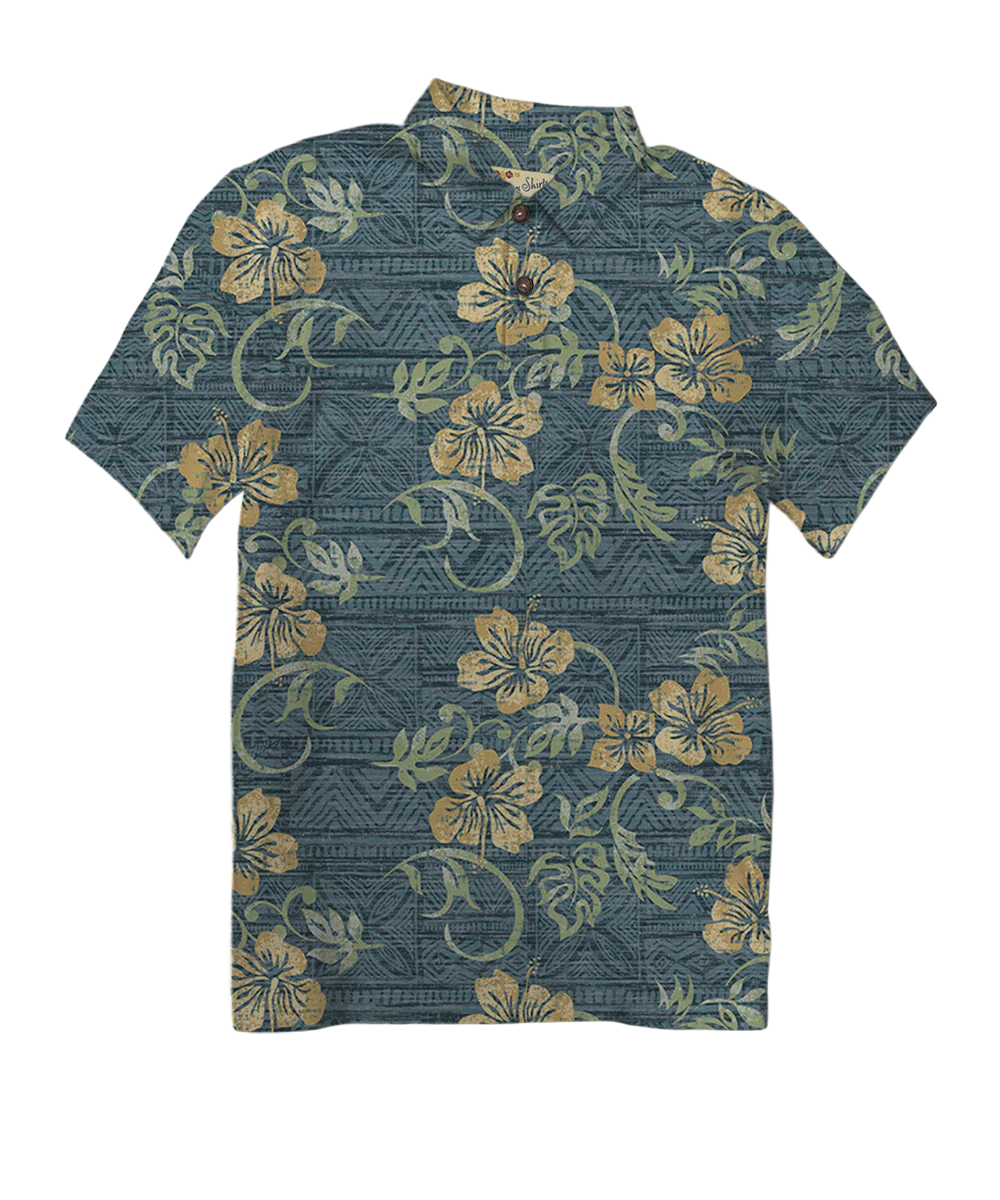 Waikoloa - Blue Nights/Dijon Short Sleeve Hawaiian Polo Shirt