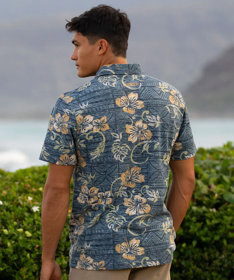 Waikoloa - Blue Nights/Dijon Short Sleeve Hawaiian Polo Shirt - Image 3