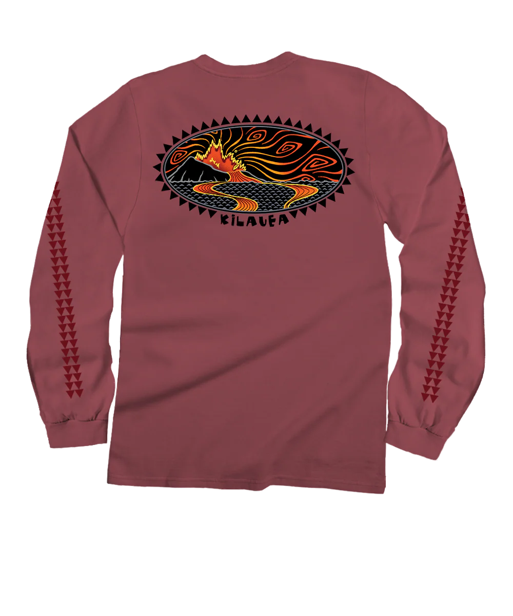 Woodcut Kilauea - Paradise Red Dyed Long Sleeve Crewneck T-Shirt