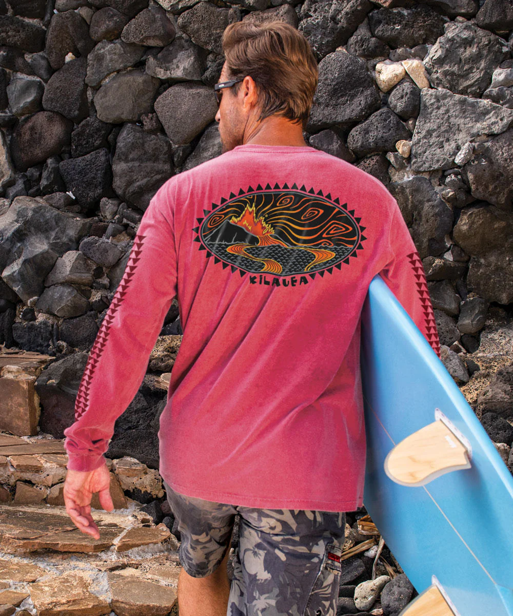Woodcut Kilauea - Paradise Red Dyed Long Sleeve Crewneck T-Shirt - Image 2