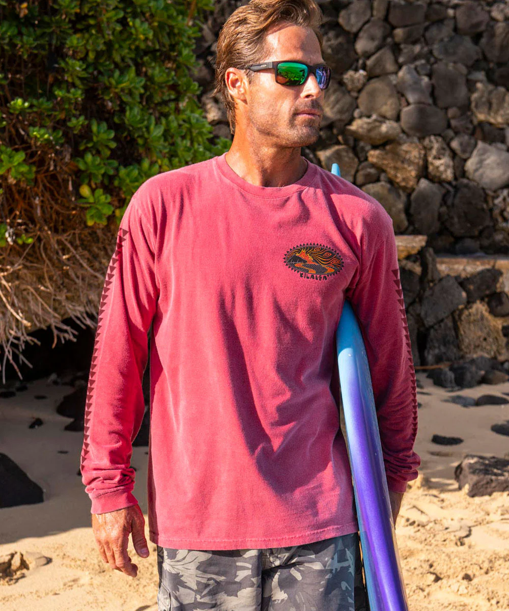 Woodcut Kilauea - Paradise Red Dyed Long Sleeve Crewneck T-Shirt - Image 3