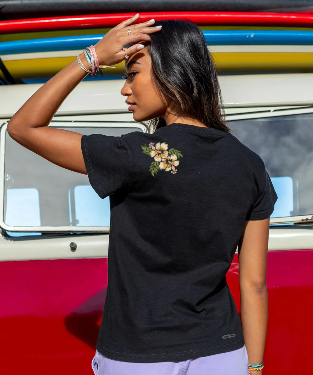 Banded Hibiscus - Black Short Sleeve Crewneck T-Shirt - Image 3