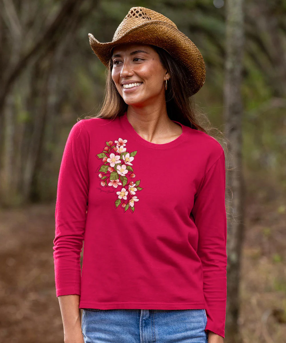 Blossom Cascade - Raspberry Dyed Long Sleeve Crewneck T-Shirt - Image 2