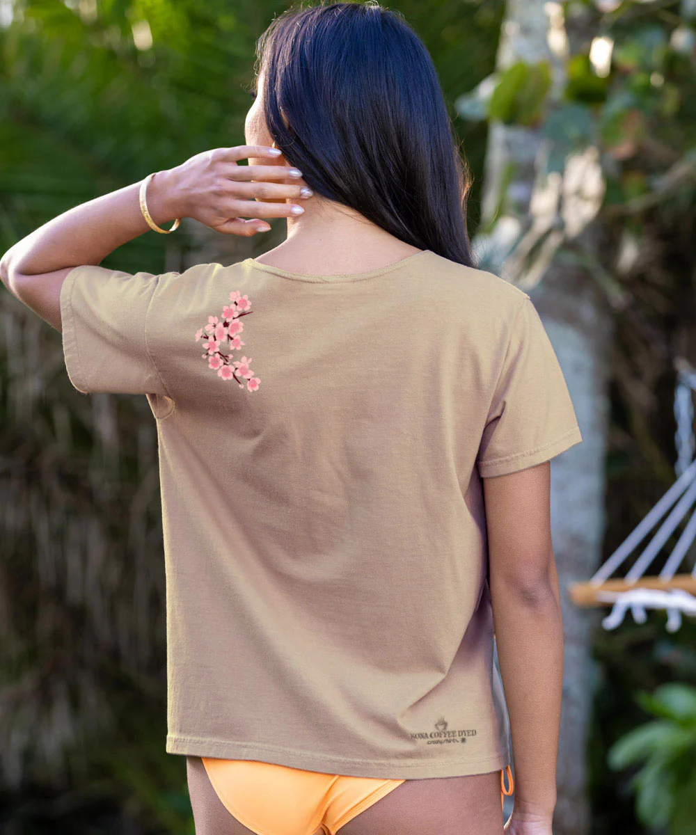 Cherry Blossom Branch - Kona Coffee Dyed Short Sleeve Scoop Neck T-Shirt - Image 3