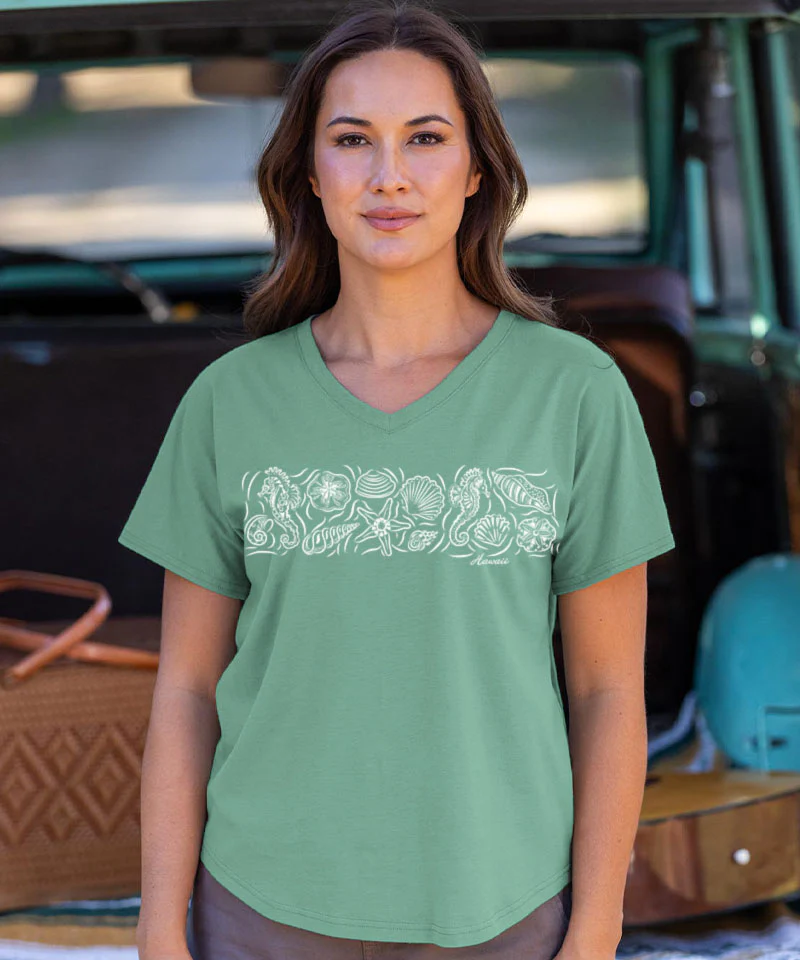 Crazy Shells - Sage Green Short Sleeve Dolman V-Neck Tee - Image 2