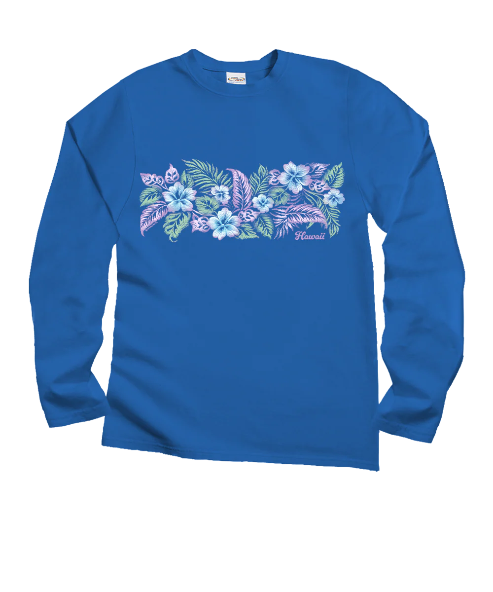 Elegant Floral Band - Blue Hawaii Dyed Long Sleeve Crewneck T-Shirt