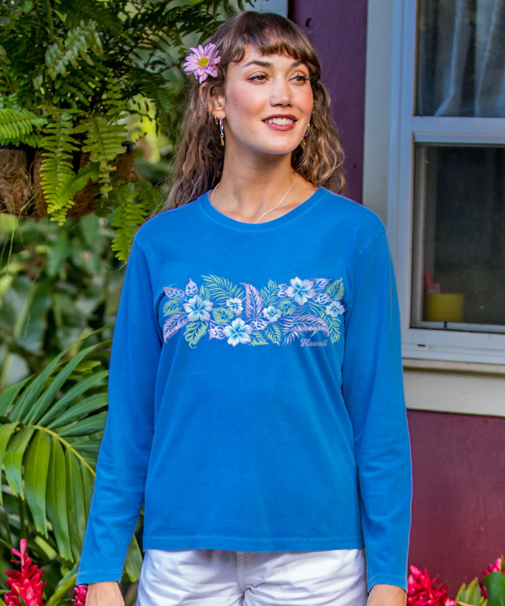 Elegant Floral Band - Blue Hawaii Dyed Long Sleeve Crewneck T-Shirt - Image 2