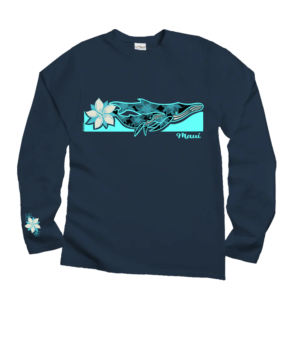 Floral Humpback Stripe - Navy Long Sleeve Crewneck T-Shirt