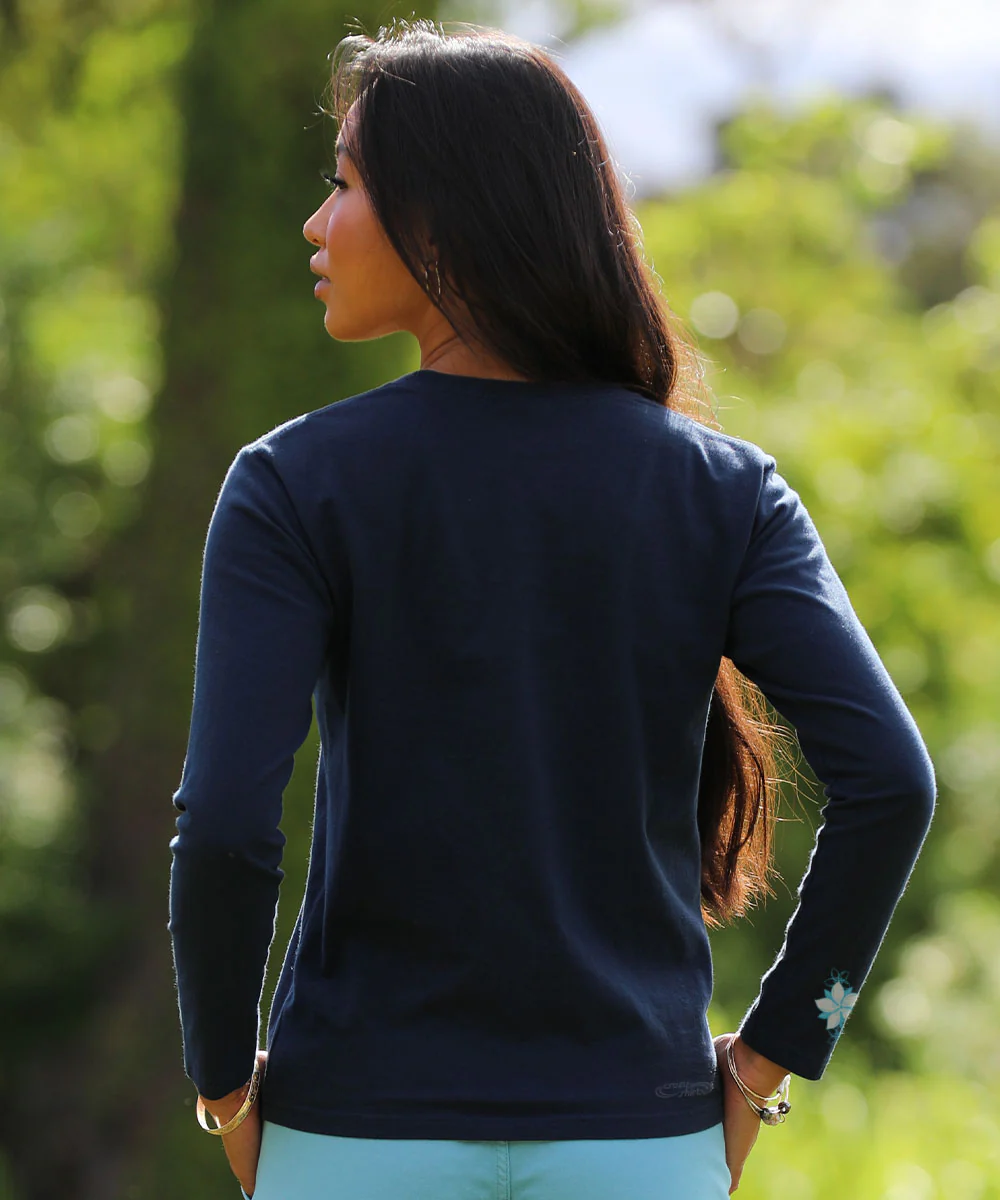 Floral Humpback Stripe - Navy Long Sleeve Crewneck T-Shirt - Image 3