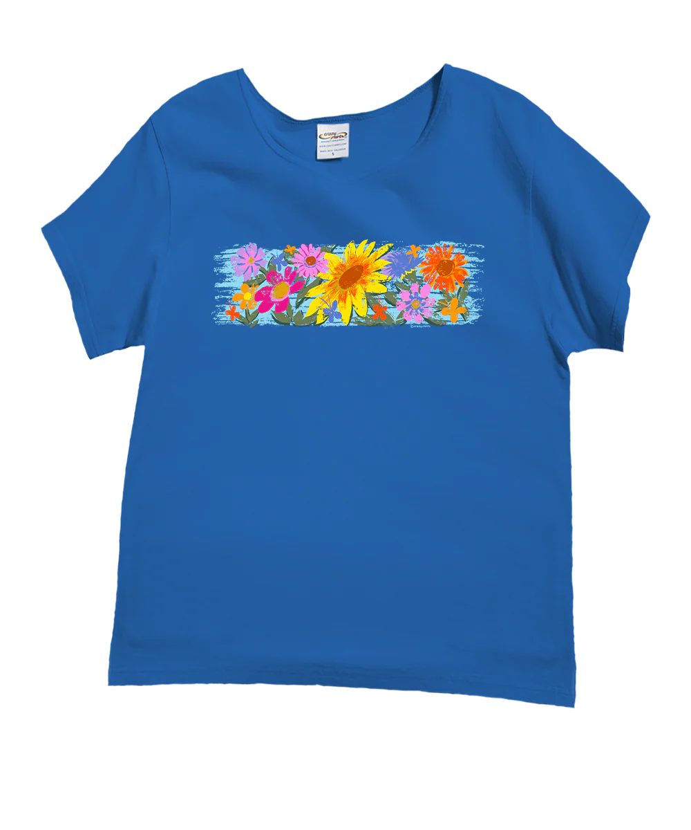 Floral Sunflower Band - Blue Hawaii Dyed Short Sleeve Scoop Neck T-Shirt