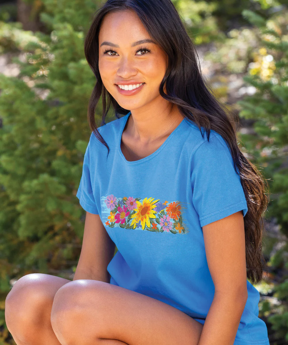 Floral Sunflower Band - Blue Hawaii Dyed Short Sleeve Scoop Neck T-Shirt - Image 2