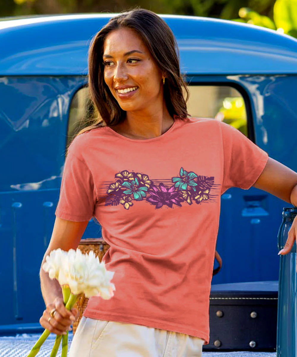 Floral Woodcut - Coral Short Sleeve Scoop Neck T-Shirt - Image 2