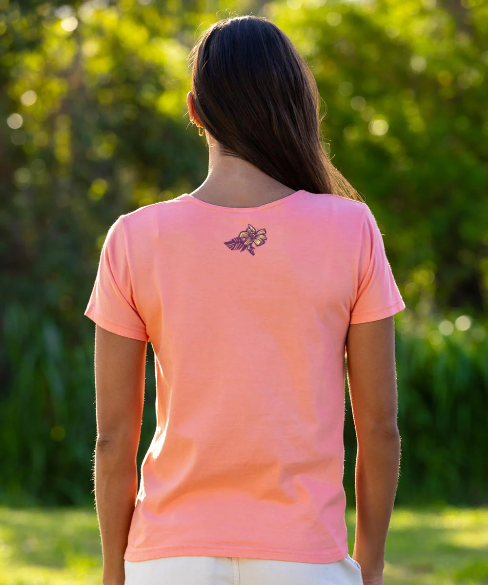 Floral Woodcut - Coral Short Sleeve Scoop Neck T-Shirt - Image 3