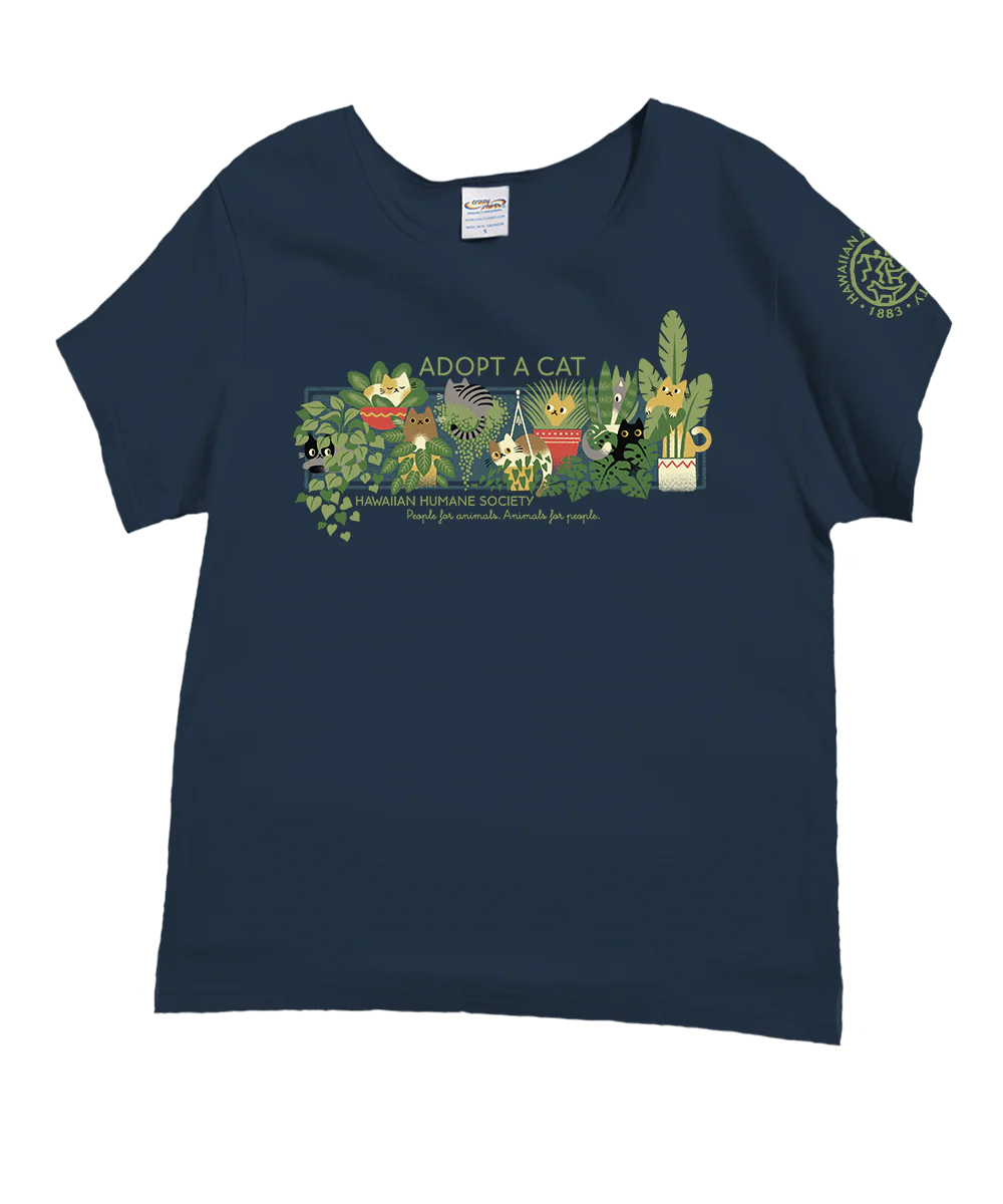 Hawaiian Humane Society Plant Cats - Navy Short Sleeve Scoop Neck T-Shirt